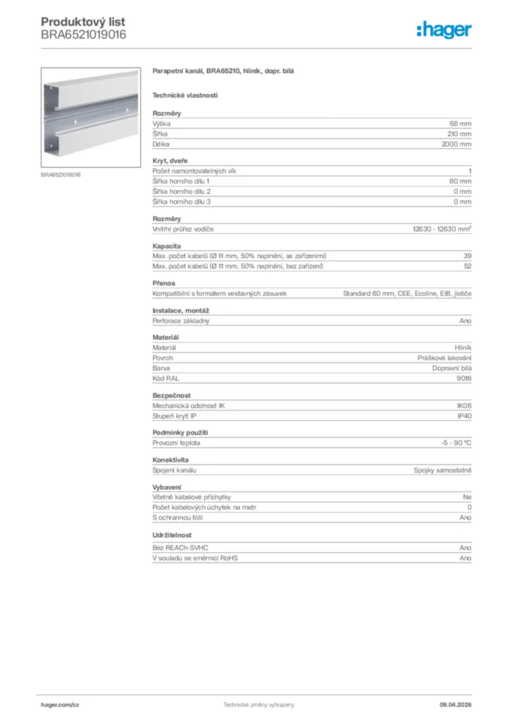 Obrázek Hager Product data sheet BRA6521019016 | Hager