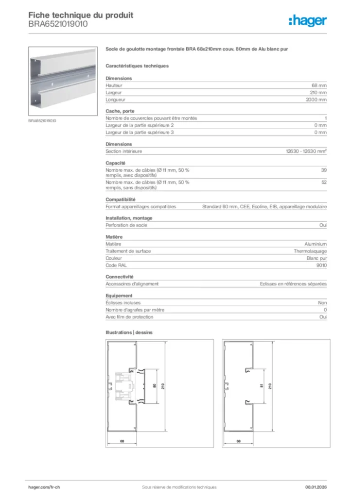 Image Hager Fiche technique du produit BRA6521019010 | Hager Suisse