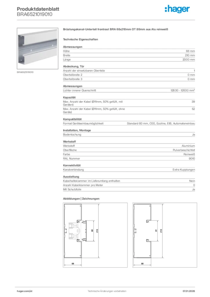 Bild Hager Produktdatenblatt BRA6521019010 | Hager Deutschland