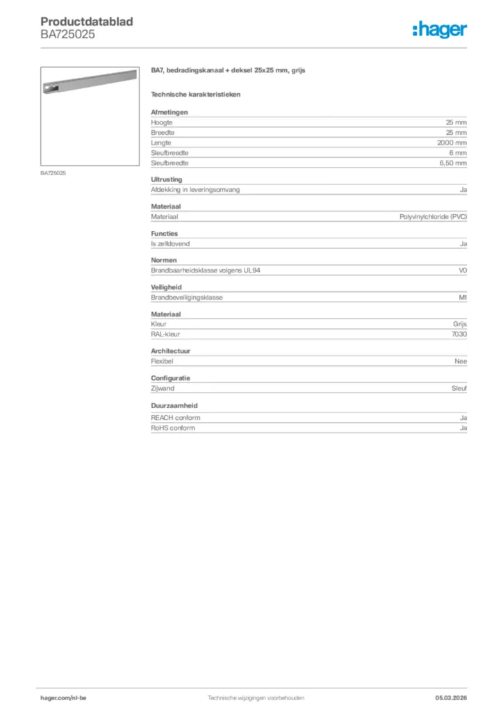 Afbeelding Hager Productdatablad BA725025 | Hager Belgium