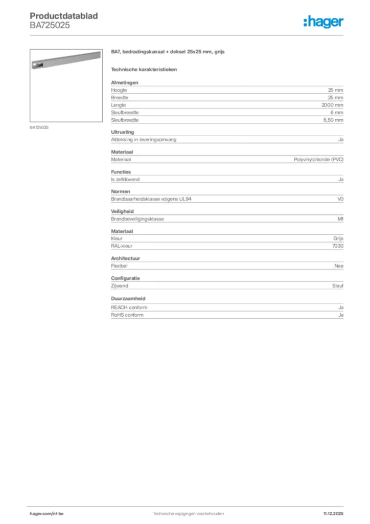 Afbeelding Hager Productdatablad BA725025 | Hager Belgium
