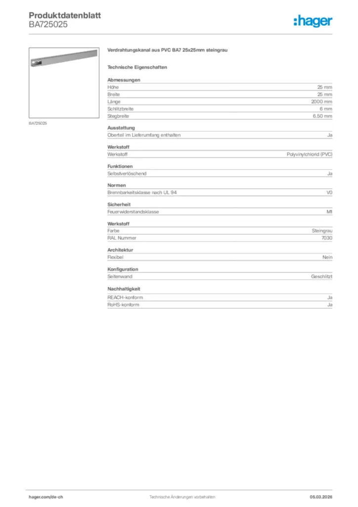 Bild Hager Produktdatenblatt BA725025 | Hager Schweiz