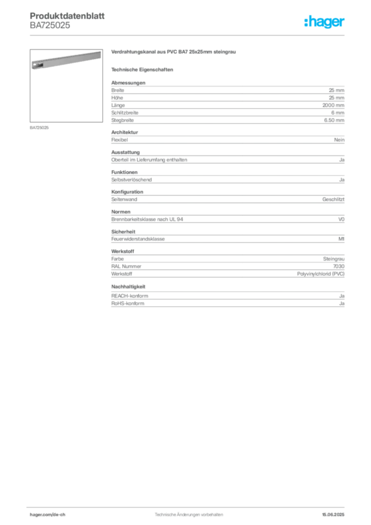 Bild Hager Produktdatenblatt BA725025 | Hager Schweiz