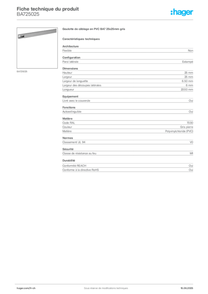 Image Hager Fiche technique du produit BA725025 | Hager Suisse
