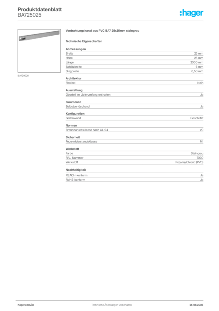Bild Hager Produktdatenblatt BA725025 | Hager Deutschland