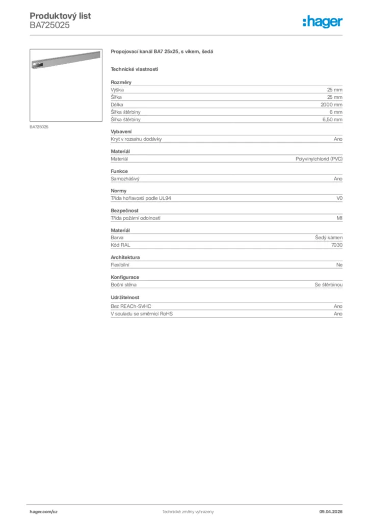 Obrázek Hager Product data sheet BA725025 | Hager