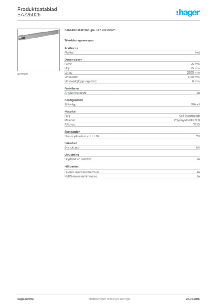 Bild Hager Produktdatablad BA725025 | Hager Sverige