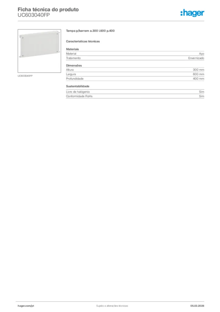 Imagem Hager Ficha técnica do produto UC603040FP | Hager Portugal