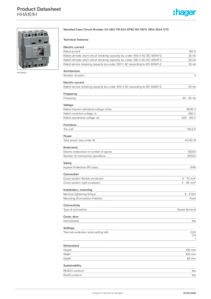 Image Hager Product data sheet HHA161H  | Hager Africa