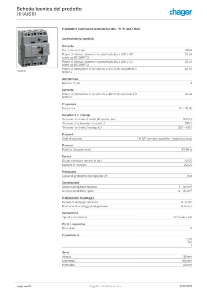 Immagine Hager Scheda tecnica del prodotto HHA161H | Hager Italia