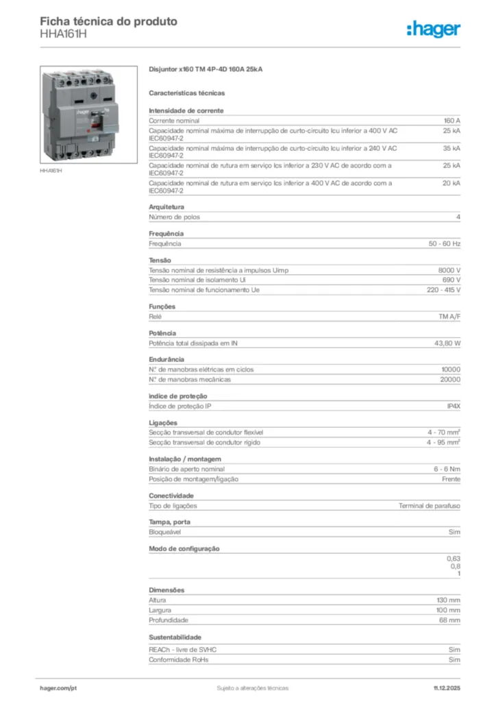 Imagem Hager Ficha técnica do produto HHA161H | Hager Portugal
