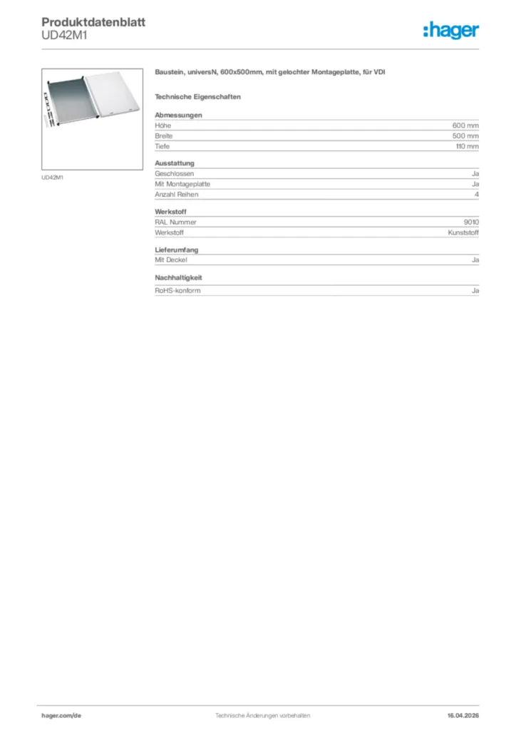 Bild Hager Produktdatenblatt UD42M1 | Hager Deutschland