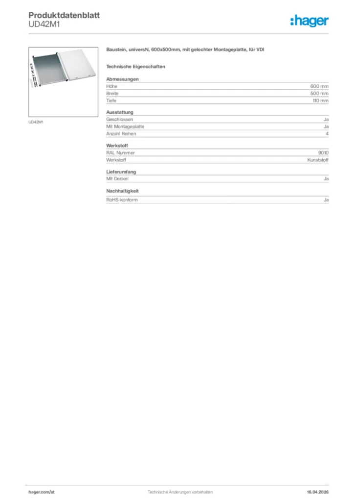 Bild Hager Produktdatenblatt UD42M1 | Hager Deutschland