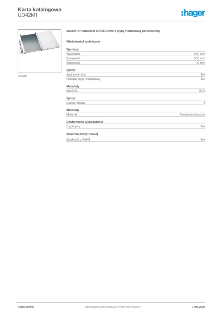 Zdjęcie Hager Karta katalogowa UD42M1 | Hager Polska