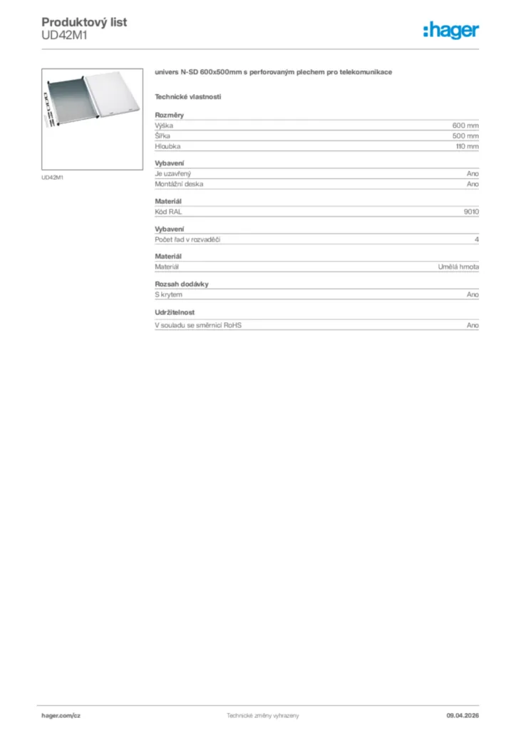 Obrázek Hager Product data sheet UD42M1 | Hager