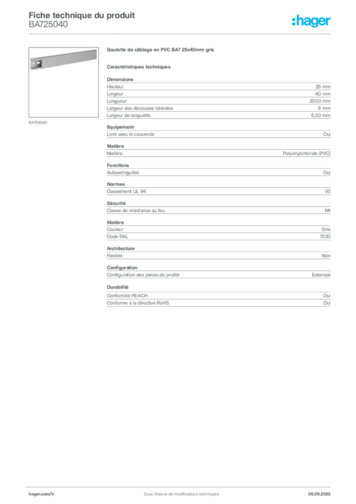 Image Hager Fiche technique du produit BA725040 | Hager France