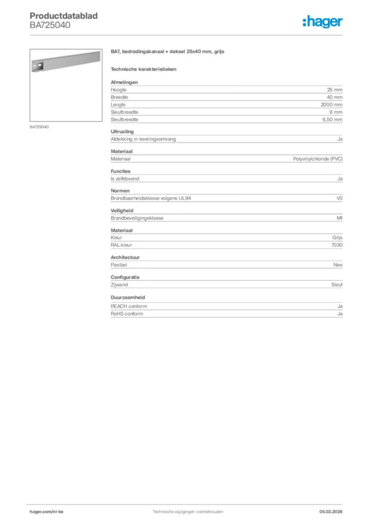Afbeelding Hager Productdatablad BA725040 | Hager Belgium