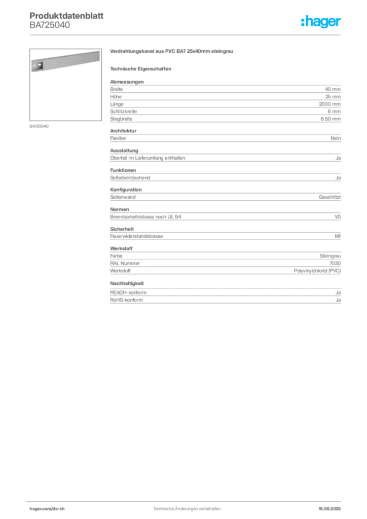Bild Hager Produktdatenblatt BA725040 | Hager Schweiz