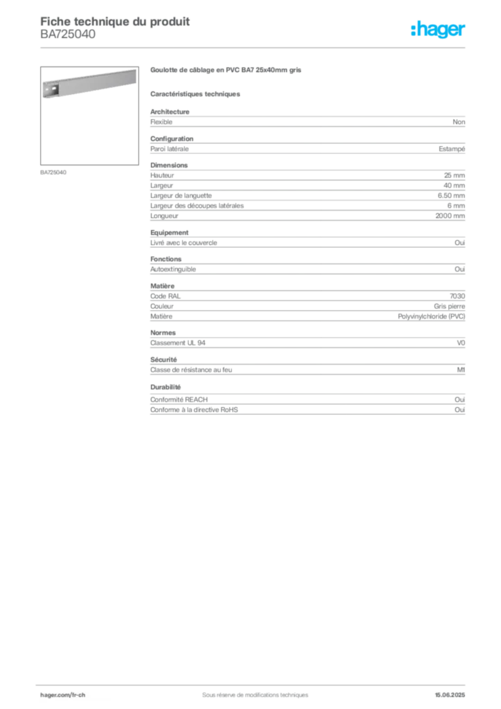 Image Hager Fiche technique du produit BA725040 | Hager Suisse