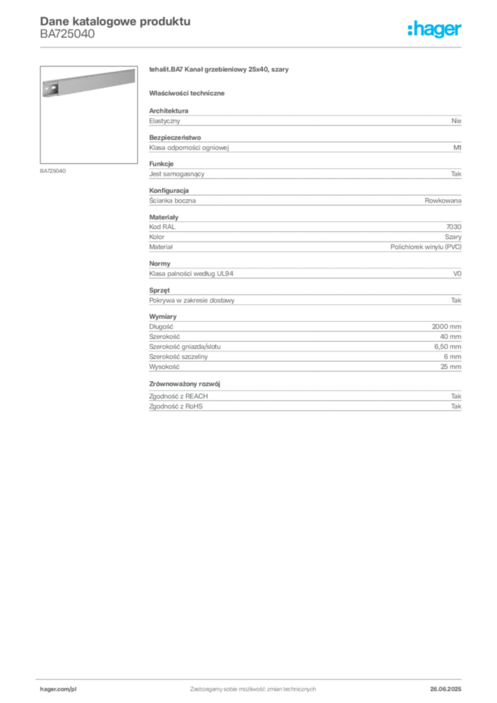 Zdjęcie Hager Karta katalogowa BA725040 | Hager Polska