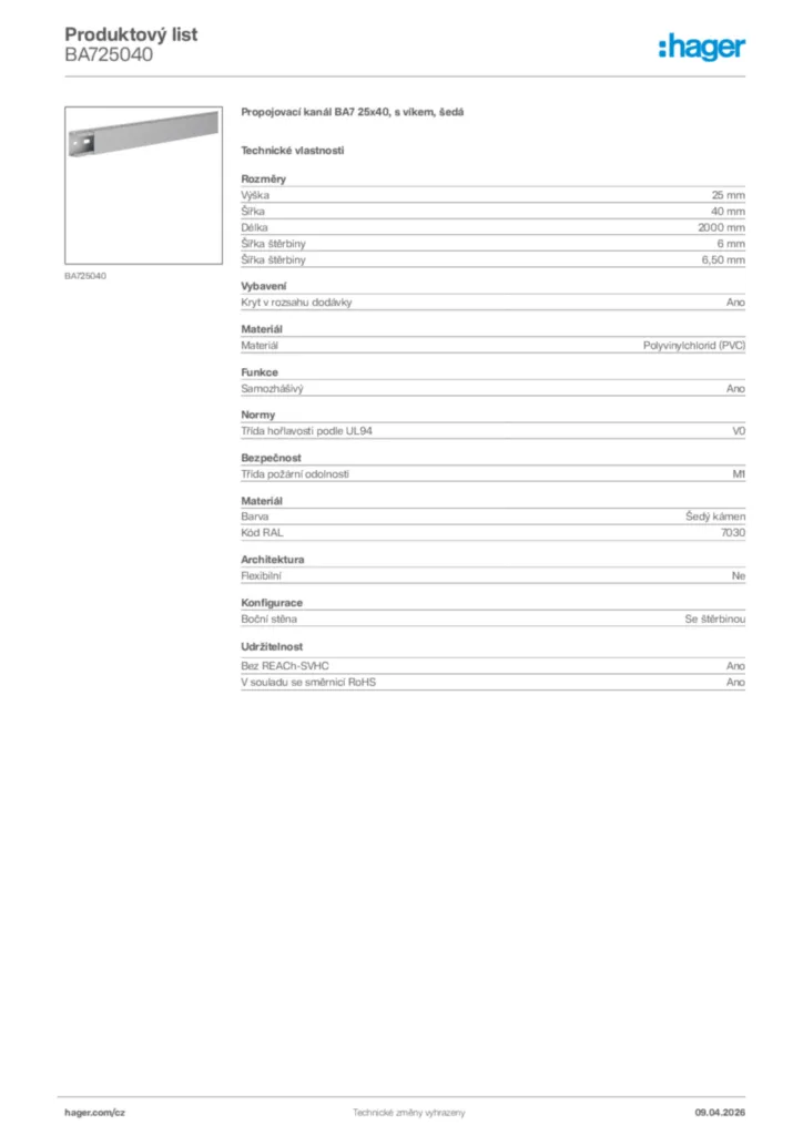 Obrázek Hager Product data sheet BA725040 | Hager