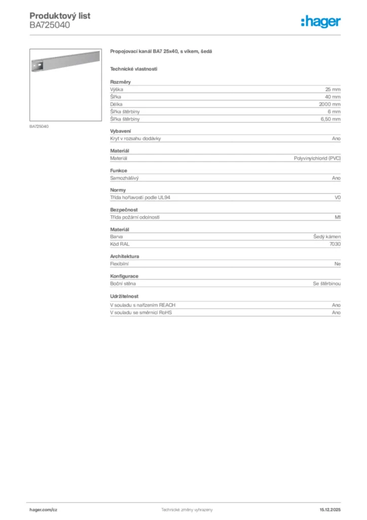 Obrázek Hager Produktový list BA725040 | Hager