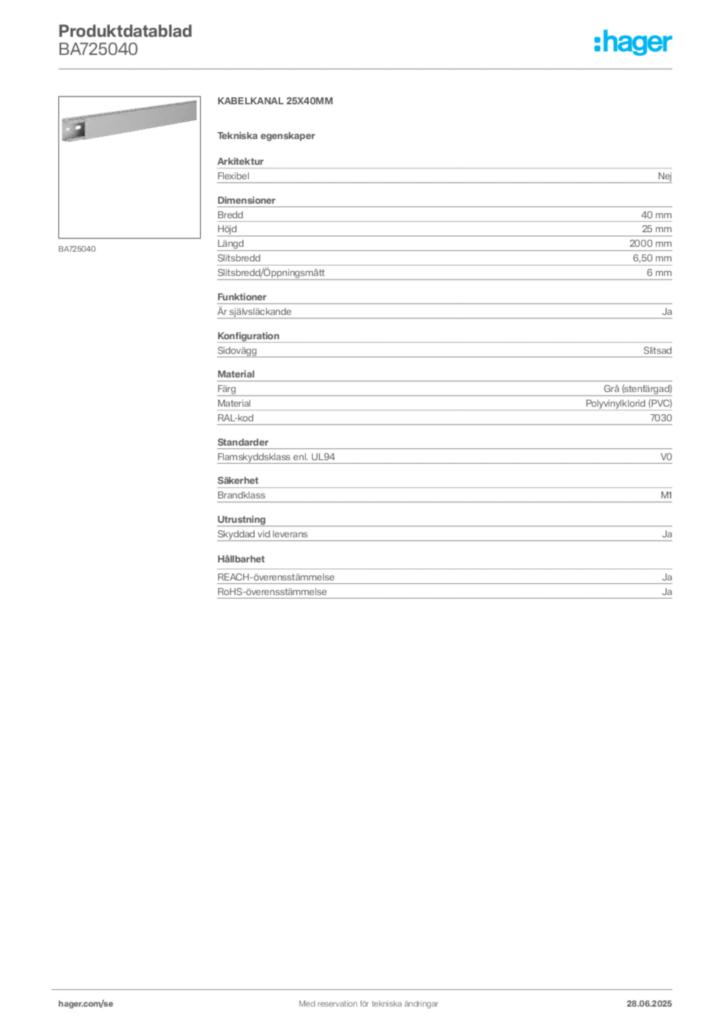 Bild Hager Produktdatablad BA725040 | Hager Sverige