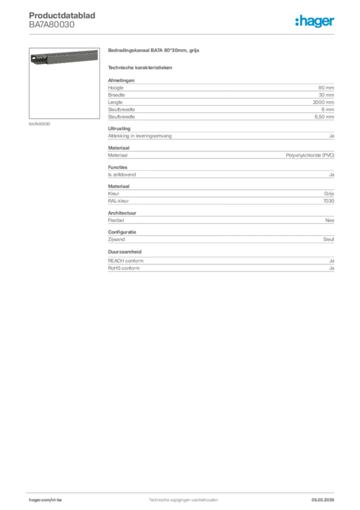 Afbeelding Hager Productdatablad BA7A80030 | Hager Belgium