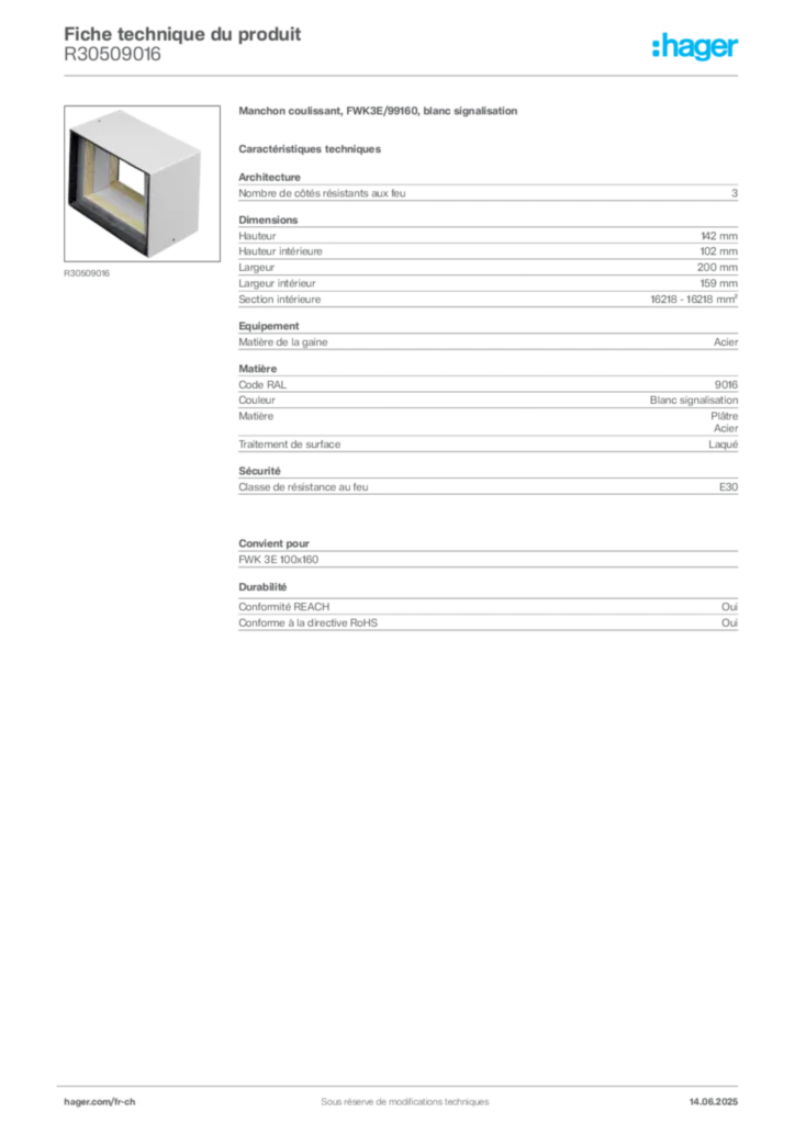 Image Hager Fiche technique du produit R30509016 | Hager Suisse