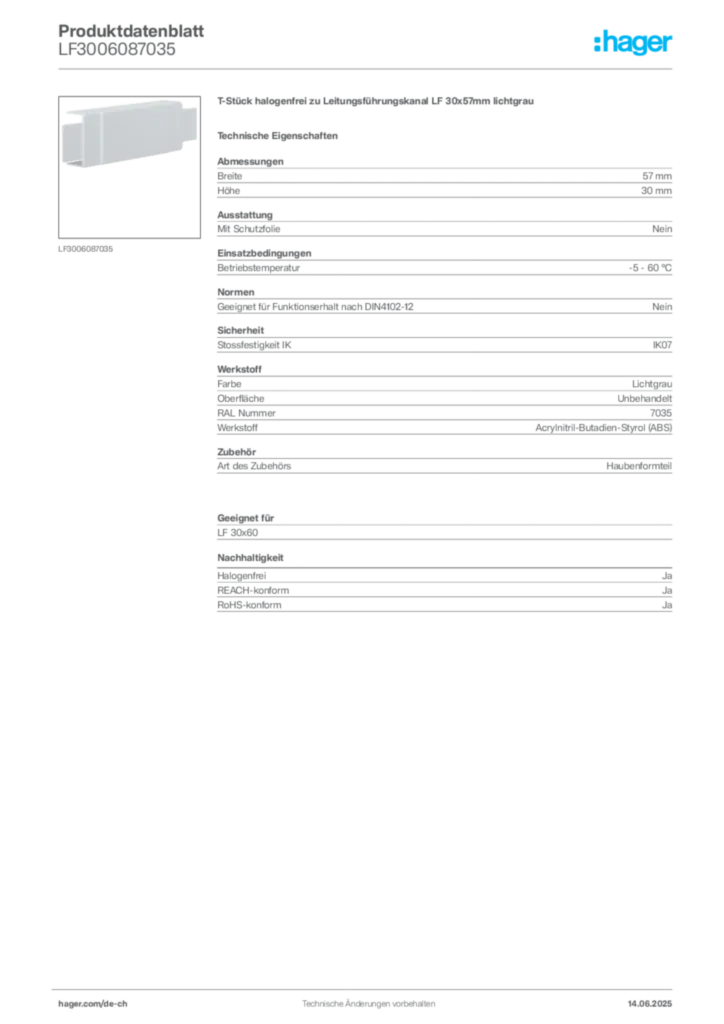 Bild Hager Produktdatenblatt LF3006087035 | Hager Schweiz
