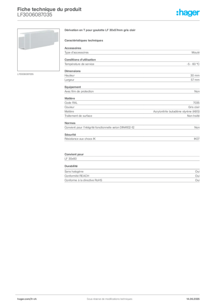 Image Hager Fiche technique du produit LF3006087035 | Hager Suisse