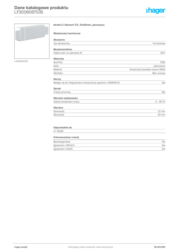 Zdjęcie Hager Karta katalogowa LF3006087035 | Hager Polska
