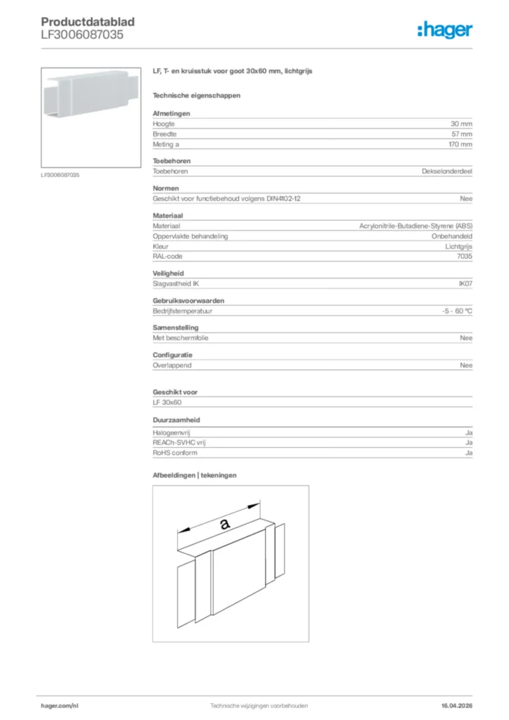 Afbeelding Hager Productdatablad LF3006087035 | Hager Nederland