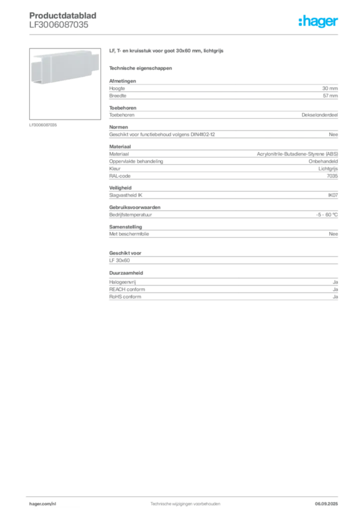 Afbeelding Hager Productdatablad LF3006087035 | Hager Nederland