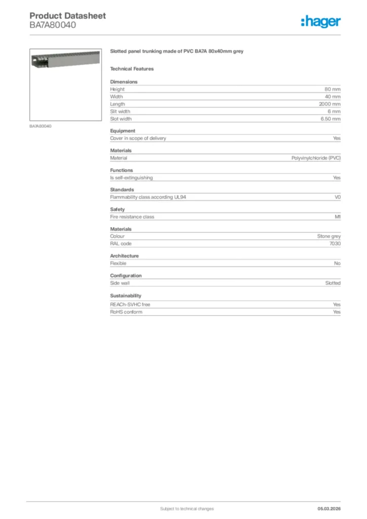 Image Hager Product data sheet BA7A80040  | Hager Africa