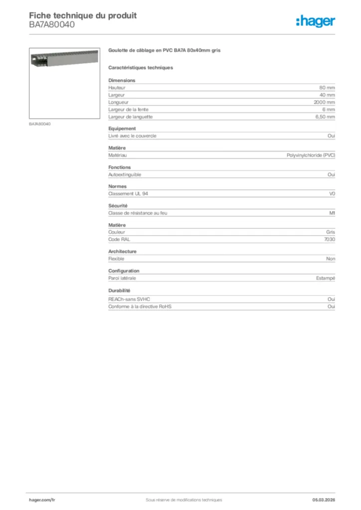 Image Hager Fiche technique du produit BA7A80040 | Hager France