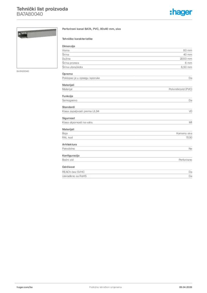Slika Hager Tehnički list proizvoda BA7A80040  | Hager