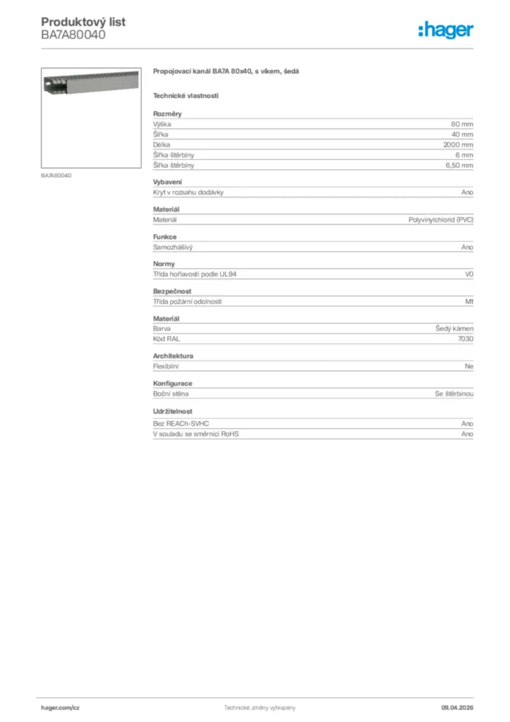 Obrázek Hager Product data sheet BA7A80040 | Hager