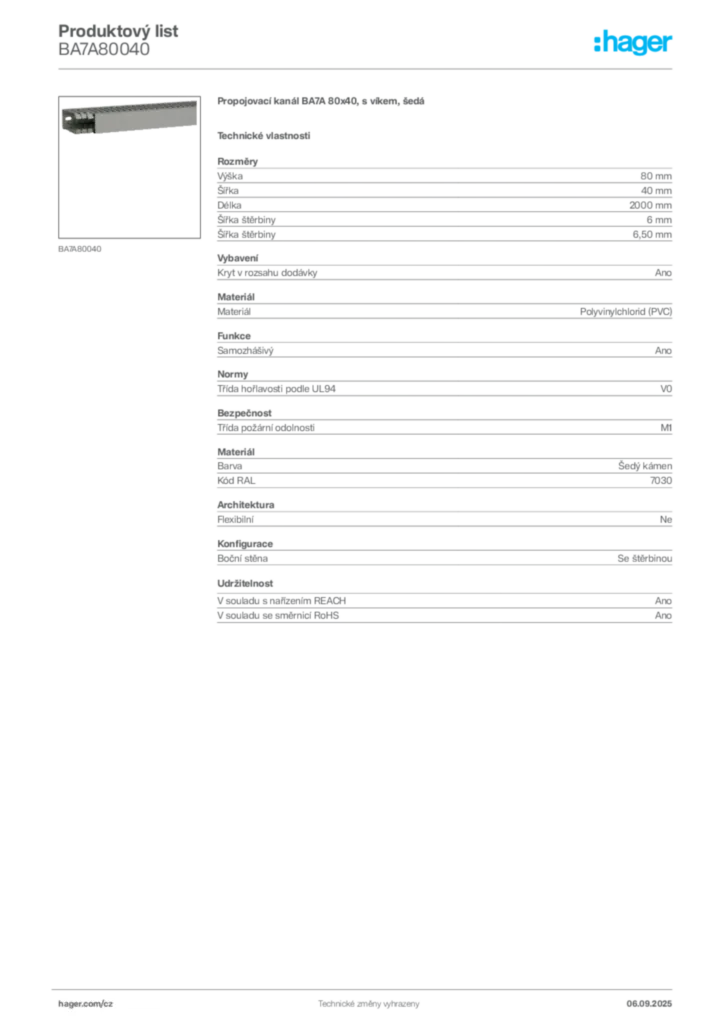 Obrázek Hager Produktový list BA7A80040 | Hager