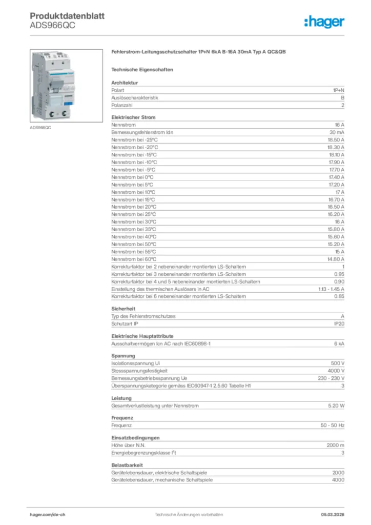 Bild Hager Produktdatenblatt ADS966QC | Hager Schweiz