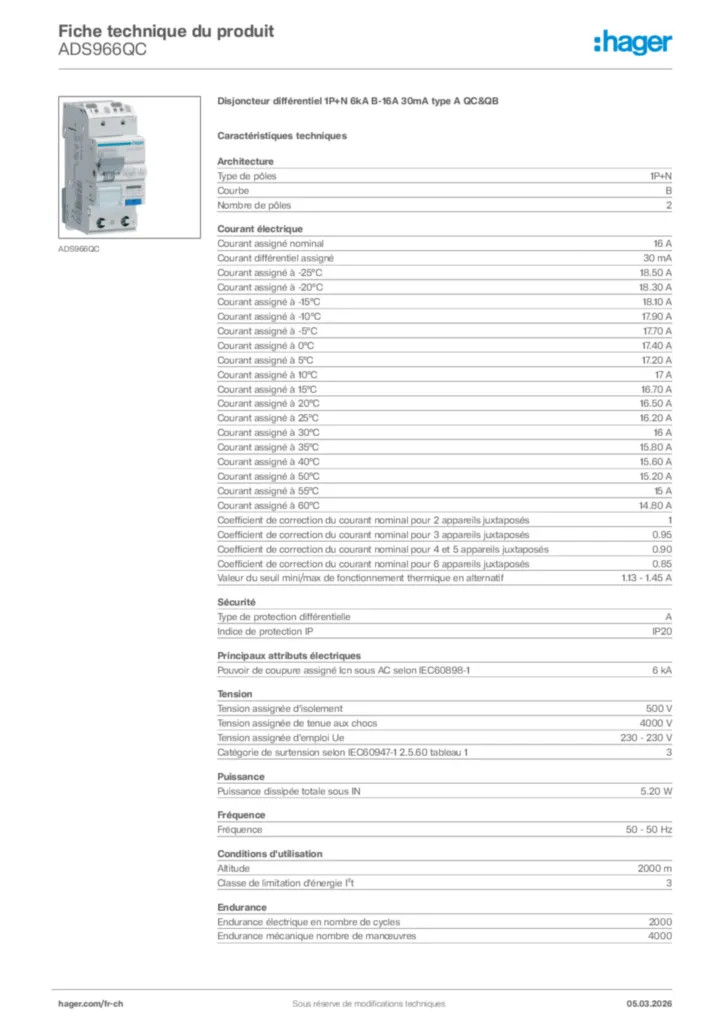 Image Hager Fiche technique du produit ADS966QC | Hager Suisse