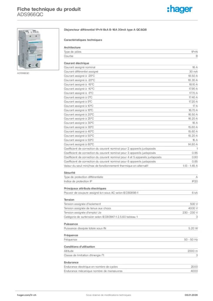 Image Hager Fiche technique du produit ADS966QC | Hager Suisse