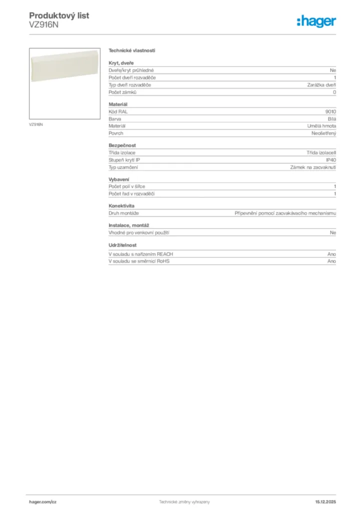 Obrázek Hager Product data sheet VZ916N | Hager