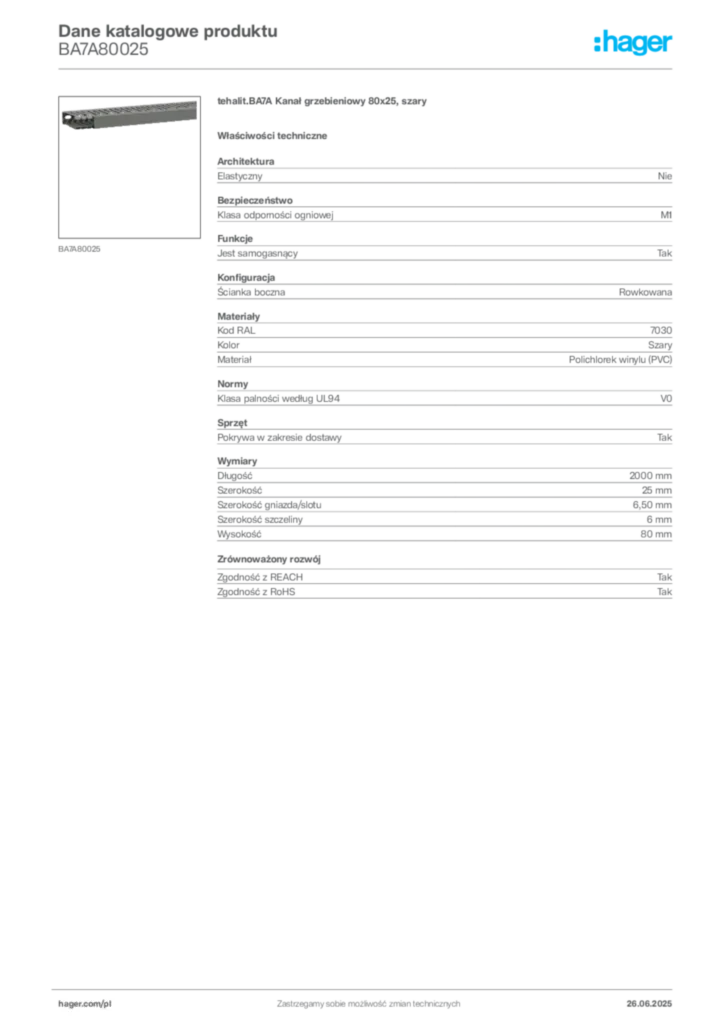 Zdjęcie Hager Karta katalogowa BA7A80025 | Hager Polska