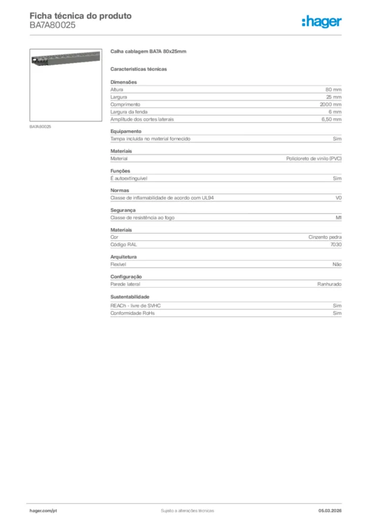 Imagem Hager Ficha técnica do produto BA7A80025 | Hager Portugal