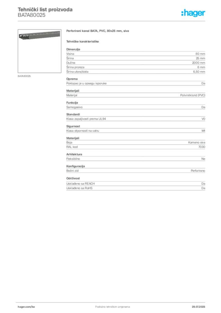 Slika Hager Product data sheet BA7A80025  | Hager