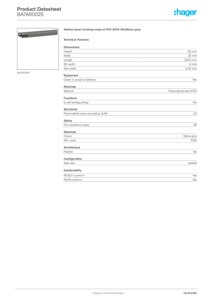 Image Hager Product data sheet BA7A80025  | Hager