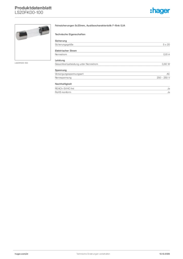 Bild Hager Produktdatenblatt L520FK00-100 | Hager Deutschland