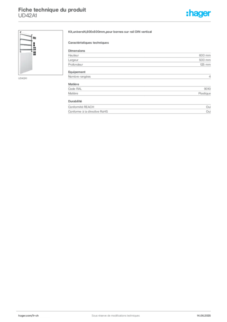 Image Hager Fiche technique du produit UD42A1 | Hager Suisse