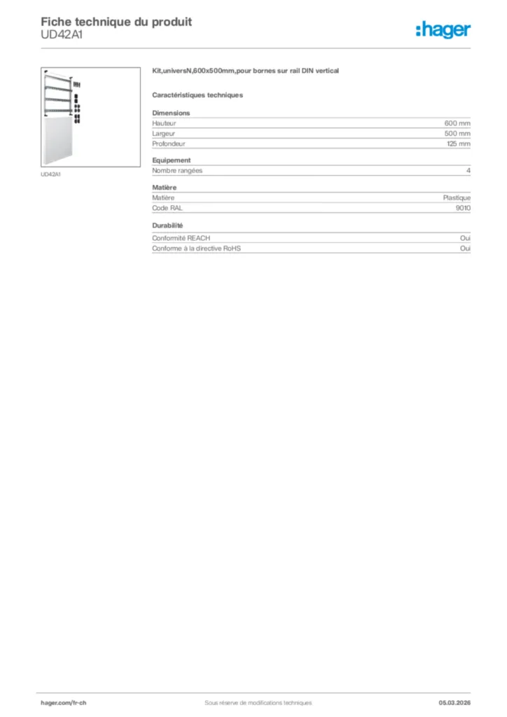Image Hager Fiche technique du produit UD42A1 | Hager Suisse